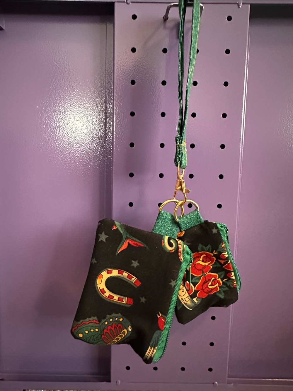 Black Floral & Horseshoe Wristlet with Green Trim